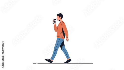 young man walking outdoors while enjoying a coffee on a casual day wearing a backpack
