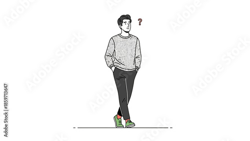 Young man walking thoughtful and confused pondering question mark above head minimalist illustration