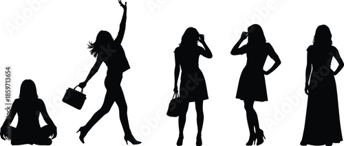 Women silhouette set showing various female poses from sitting and jumping to standing in dresses and holding handbags for design