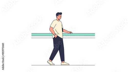 Young man walking with a skateboard leaning on a railing in a minimalistic illustration