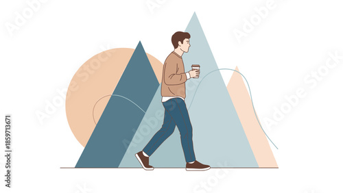 Young man walking with coffee in hand against abstract geometric background
