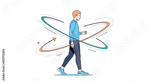 Young man walking with orbiting lines representing motion or energy around him in a minimalistic