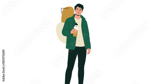 Young man with backpack holding a coffee cup standing casually