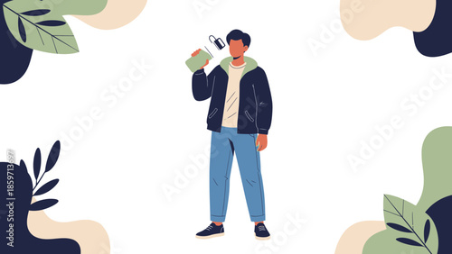 Young man with backpack and coffee cup standing among abstract nature-inspired illustrations