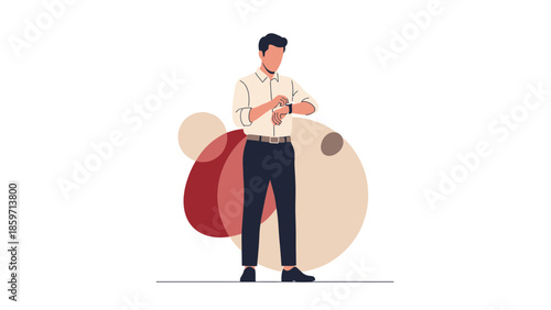 Young professional man standing and using a smartwatch with a stylish background