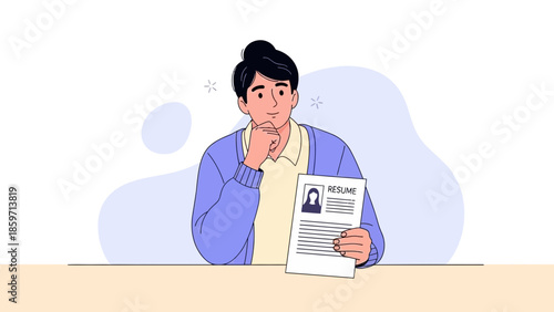 Young professional reviewing a resume with a thoughtful expression in a modern office setting