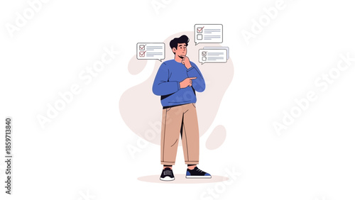 Young thoughtful man analyzing multiple checklists and tasks with focus and concentration