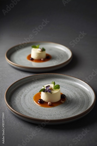 Delicious Dessert Served on Simple Plates With a Sauce and Garnishments