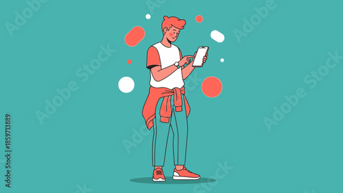 Young woman checking her smartphone with a casual outfit and colorful background