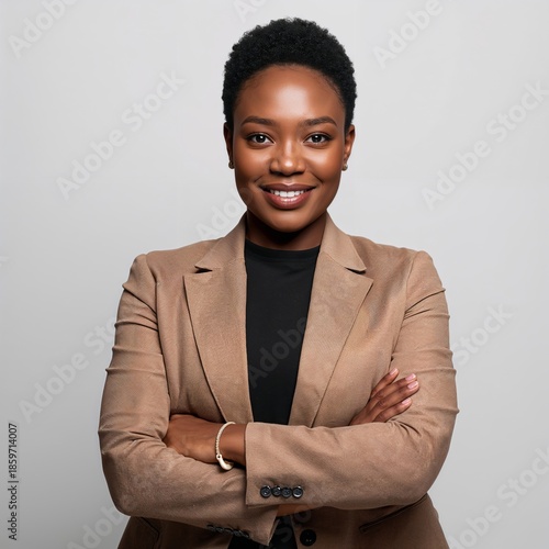 Professional Woman Stands With Arms Crossed in a Brown Blazer Against a Plain...