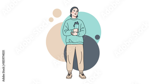 Young woman holding a water bottle standing with abstract background perfect for health or