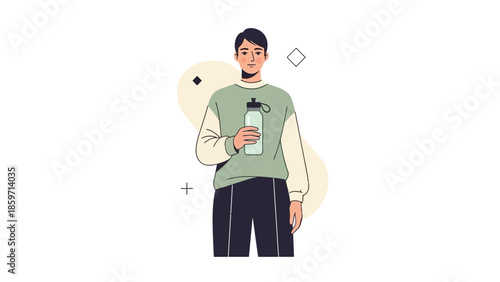 Young woman holding a water bottle in contemporary casual style illustration