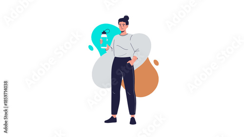 Young woman holding a water bottle with backpack on her shoulder in a casual outfit