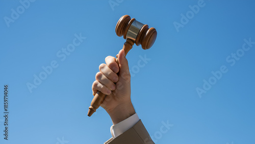 Gavel Raised in Clear Sky — Hand Holding Judge's Hammer for Legal Imagery

