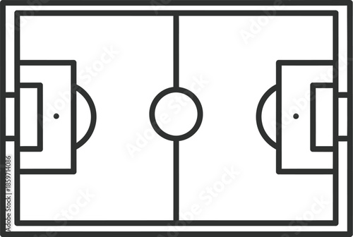 Football field outline icon on transparent background showing pitch dimensions with penalty spots and goal areas for tactical planning or sport mobile application design elements