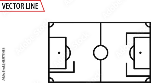 Vector line art of soccer field pitch layout with top view perspective and penalty area markings for sports design projects or mobile application interfaces on transparent backdrop