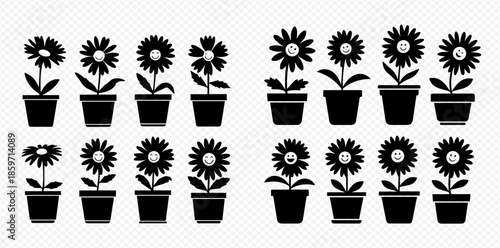 Set of black silhouette flowers in pots with various facial expressions and designs.