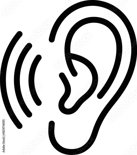 Monochrome line drawing of human ear showing incoming sound waves representing listening or auditory reception in simple style