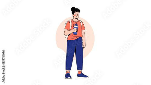 Young woman holding water bottle standing casually with backpack in a minimalist illustration