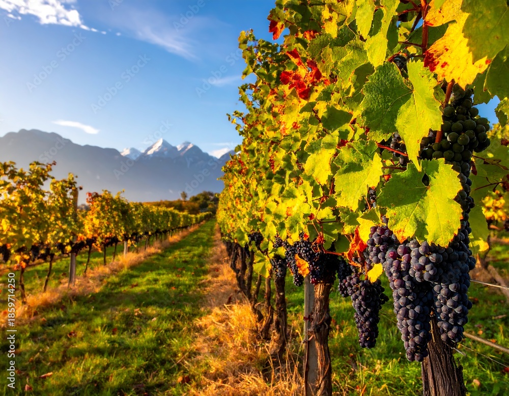 Naklejka premium Vineyard at sunset with mountains
