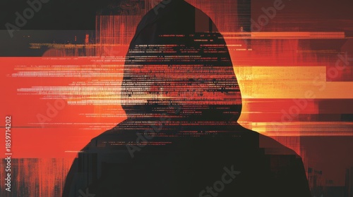 A hacker in a dark room surrounded by glowing screens with lines of malicious code.