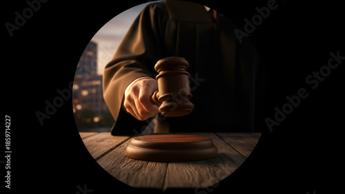 Gavel on a Wooden Desk — Legal Professional's Hammer in a Dramatic Circle Shot

