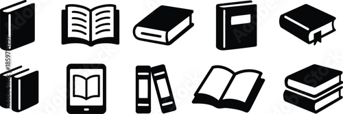 Collection of Book Icons Representing Different Styles of Literature and Reading Materials in Vector Format with a Transparent Background Ideal for Educational Designs