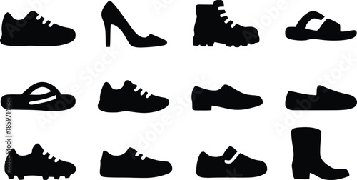 Collection of Shoes Icons in Black and White Vector Illustration Set of Sneaker High Heel Boot Slipper Sandal Oxford Loafer Trainer Running Casual Elegant Footwear