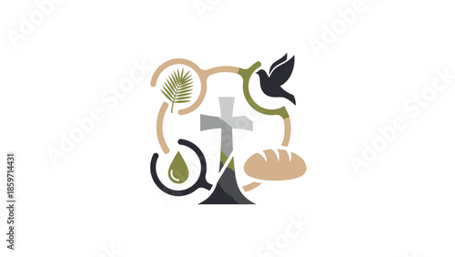 Cross with bread, bird, leaf, and oil drop in circular arrangement