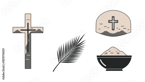 Cross, palm branch, and bowl of water religious symbols
