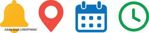 Notification Icons Vector Set with Bell, Location Pin, Calendar and Clock for Alerts, Reminders, and Events Exactly 200 Characters