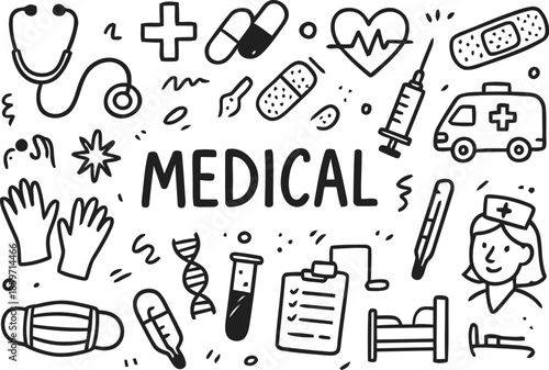 Medical doodle set hand drawn sketch style stethoscope ambulance heart pills dna mask gloves test tube thermometer bed nurse stars line art vector illustration