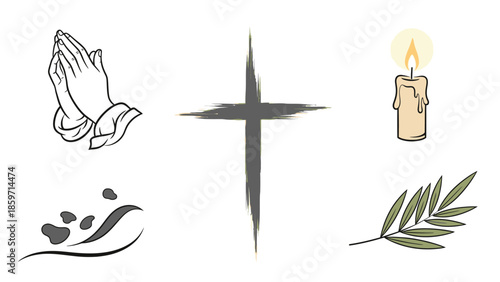 Four religious symbols including praying hands, cross, candle, and palm branch flame