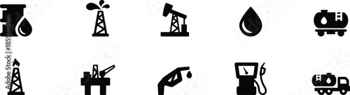 Oil Industry Icons Vector Illustration Set of Petroleum Symbols Equipment and Production Related Sign in Simple Black Style Isolated on Transparent