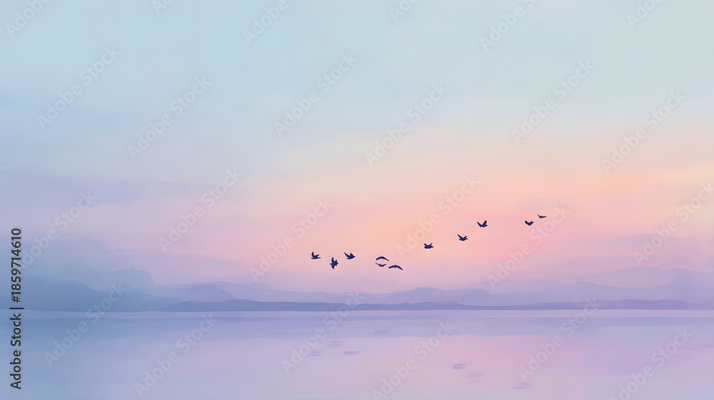 Fototapeta premium Serene dawn birds soar above a tranquil lake inspiring peaceful reflection and gentle watercolor beauty