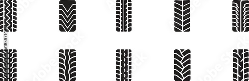 Set of Different Car Tire Tread Tracks Isolated on Transparent Background Texture Designs with Abstract Patterns Rubber Wheel Print Vector Illustration Exactly 200 Characters