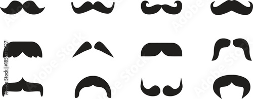 Set of Different Moustaches in Black Silhouette Stylized Retro Moustaches Collection Various Shapes Mustache Styles Facial Hair Vector Illustration Isolated on Transparent Background