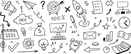 Set of Hand Drawn Business Doodles Vector Illustration of Office and Finance Related Elements in Simple Line Art Style Isolated on Transparent