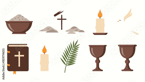 Religious symbols and including a bowl, cross, candle, book, and chalice