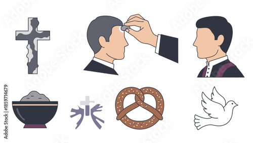 Religious symbols and with priest and dove cross anointing