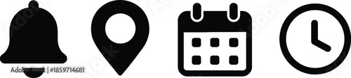 Set of Notification and Reminder Icons with Simple Designs Displaying Bell Pin Calendar and Clock Symbols in Black Vector Format on Transparent Background