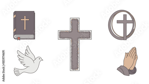 Religious symbols including book cross dove and praying hands