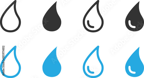 Water Drops Icon Set Vector Design Featuring Various Shapes and Styles for Rain, Liquids, and💧Hydration Concepts Exactly 200 Characters