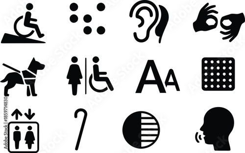 Accessibility Inclusion and Assistance Icons Set Vector Pictogram Symbols Representing Handicapped Blind Deaf Sign Language Service Dog Restroom Text Size Audio Description Speaking Elevator