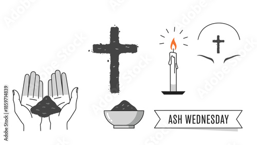 Ash Wednesday religious symbols and candle cross flame