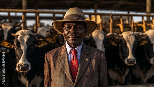 Man Stands in Front of Cows on a Farm Wearing a Suit and Hat During Daytime