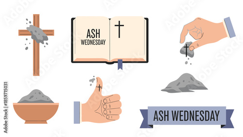 Ash Wednesday religious symbols and rituals with cross, ashes, and book religion