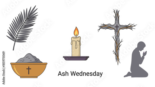 Ash Wednesday religious symbols with candle and praying person religion Christian
