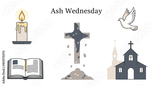 Ash Wednesday religious symbols with candle book cross dove and church