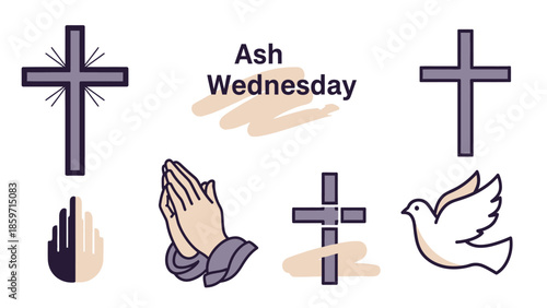 Ash Wednesday religious symbols with crosses and praying hands